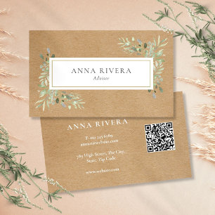 Watercolor Greenery Rustic Kraft QR Code Business Card
