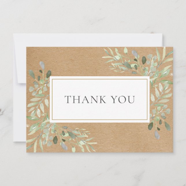 Watercolor Greenery Rustic Kraft Thank You Card (Front)