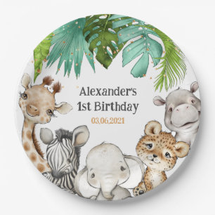 Watercolor Greenery Safari Animals Birthday Paper Plates
