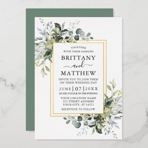 Watercolor Greenery Sage Green 2 Frame Gold Foil Invitation