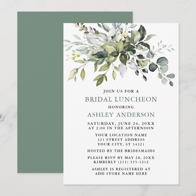 Watercolor Greenery Sage Green Bridal Luncheon Invitation (Front/Back)