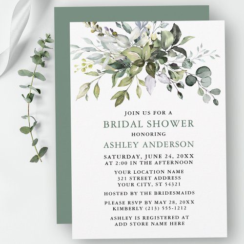 Watercolor Greenery Sage Green Bridal Shower Invitation