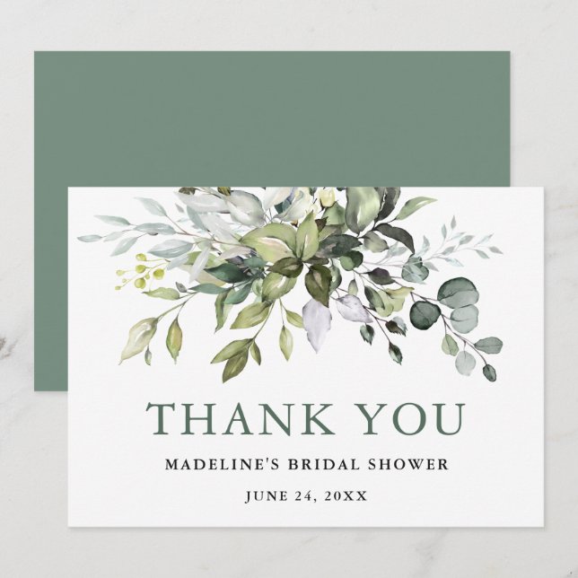 Watercolor Greenery Sage Green Bridal Shower  Thank You Card (Front/Back)