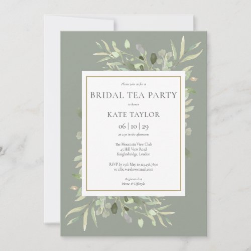 Watercolor Greenery Sage Green Bridal Tea Party Invitation - Featuring delicate watercolor greenery leaves, this chic bridal tea party invitation can be personalized with your special celebration event information, with a silver sage background. Designed by Thisisnotme©