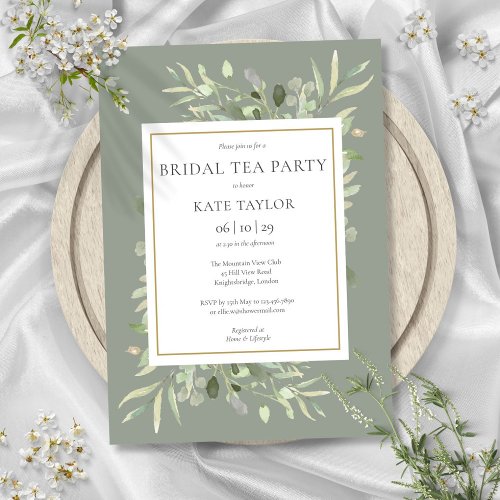 Watercolor Greenery Sage Green Bridal Tea Party Invitation