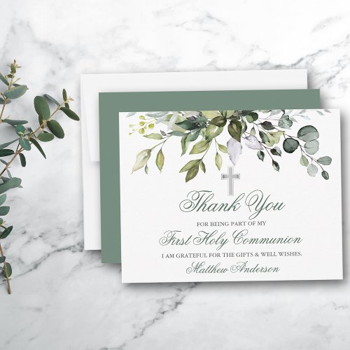 Watercolor Greenery Sage Green Communion Thank You Card