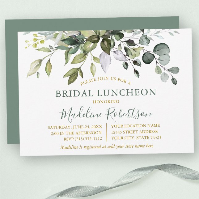 Watercolor Greenery Sage Green Gold Bridal Lunch Invitation (Customize to change text color, text style or color of back of card.)