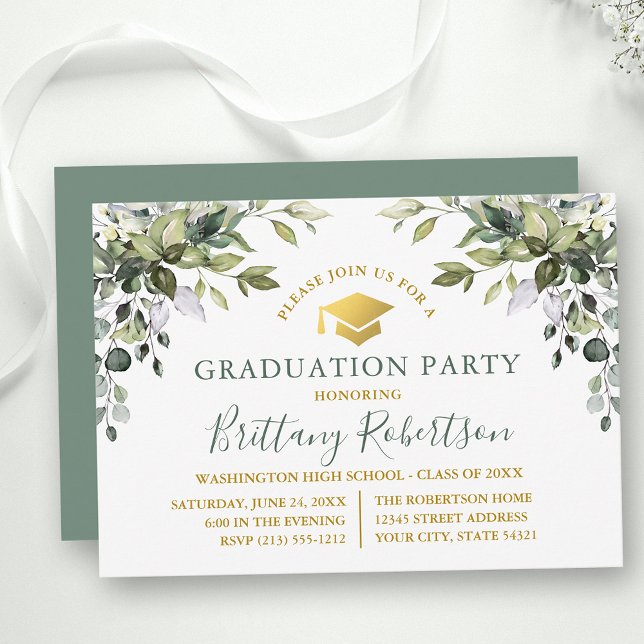 Watercolor Greenery Sage Green Gold Grad Party  Invitation (Customize to change text size, color, style or to change color of back of card.)
