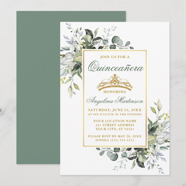 Watercolor Greenery Sage Green Gold Quinceanera Invitation (Front/Back)