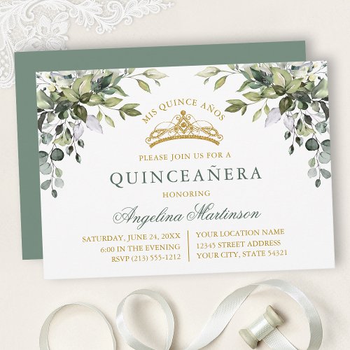 Watercolor Greenery Sage Green Gold Quinceanera