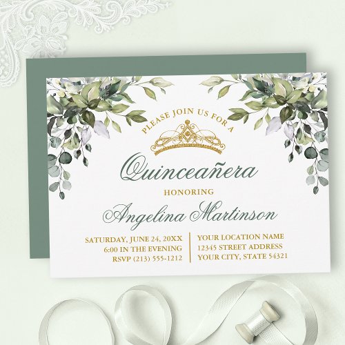 Watercolor Greenery Sage Green Quinceanera Party Invitation