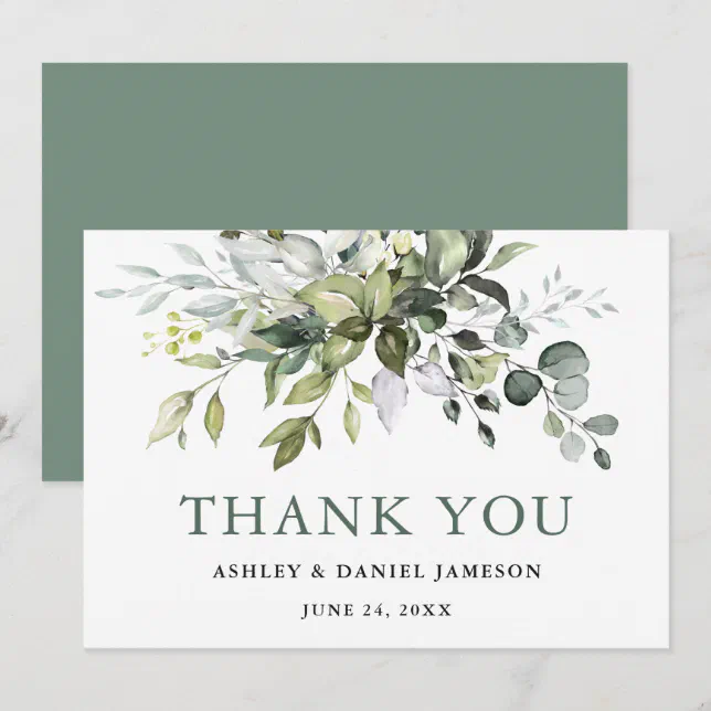 Watercolor Greenery Sage Green Wedding Thank You Card | Zazzle