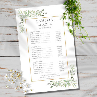 Watercolor Greenery Salon Service Menu Flyer