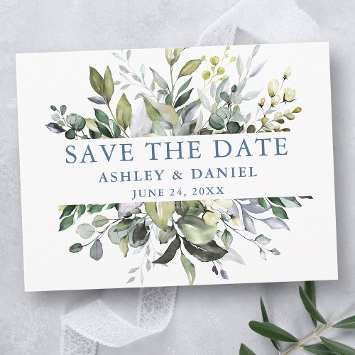 Watercolor Greenery Save the Date Dusty Blue Postcard
