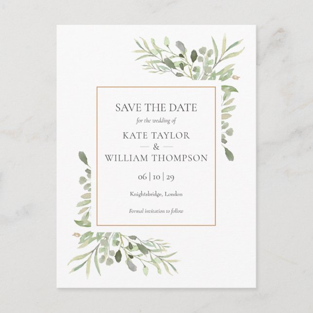 Watercolor Greenery Save the Date Photo Postcard (Front)