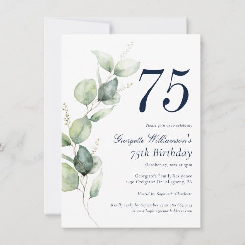 Watercolor Greenery Script 75th Birthday Invitation