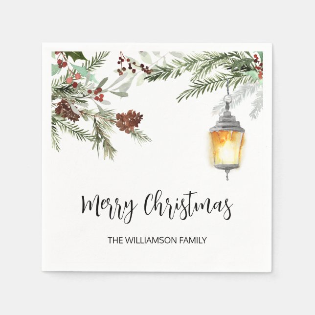 Watercolor Greenery Script Merry Christmas Napkins (Front)