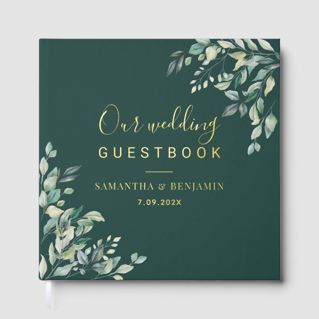 Watercolor Greenery Script Wedding Foil Guest Book (Front)