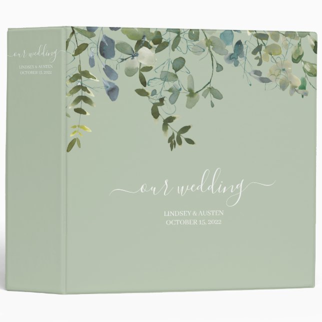 Watercolor Greenery Script Wedding Planner 3 Ring Binder (Front/Spine)