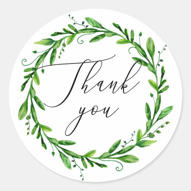 Watercolor greenery script wedding thank you classic round sticker (Front)