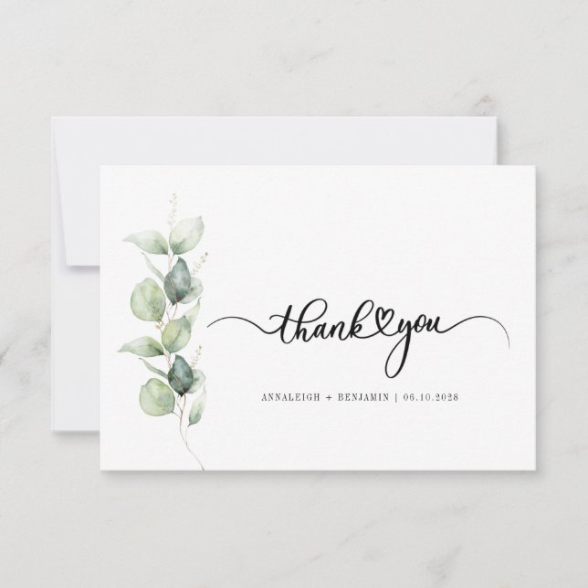 Watercolor Greenery Script Wedding Thank You Note Card (Front)