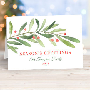 Watercolor Greenery Seasons Greetings Red Berry Holiday Card