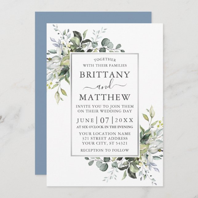 Watercolor Greenery Silver Frame Dusty Blue Invitation (Front/Back)