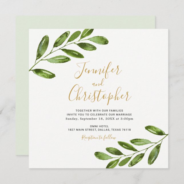 Watercolor Greenery Square Wedding Invitations (Front/Back)