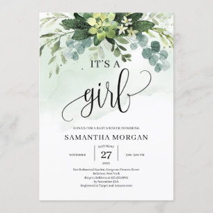 Watercolor greenery succulent floral it's a girl invitation