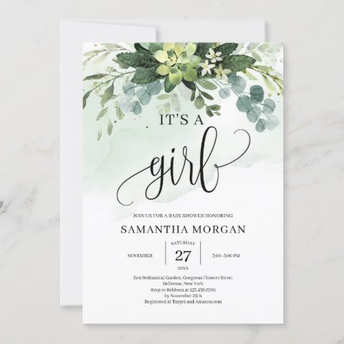 Watercolor greenery succulent floral its a girl invitation