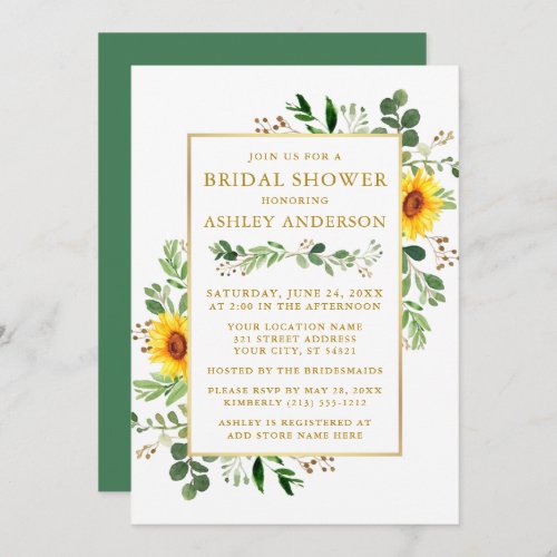 Watercolor Greenery Sunflowers Bridal Shower Gold Invitation