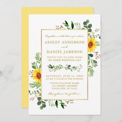 Watercolor Greenery Sunflowers Gold Frame Wedding Invitation
