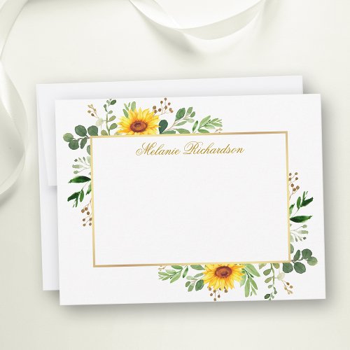Watercolor Greenery Sunflowers Gold Personalized Note Card