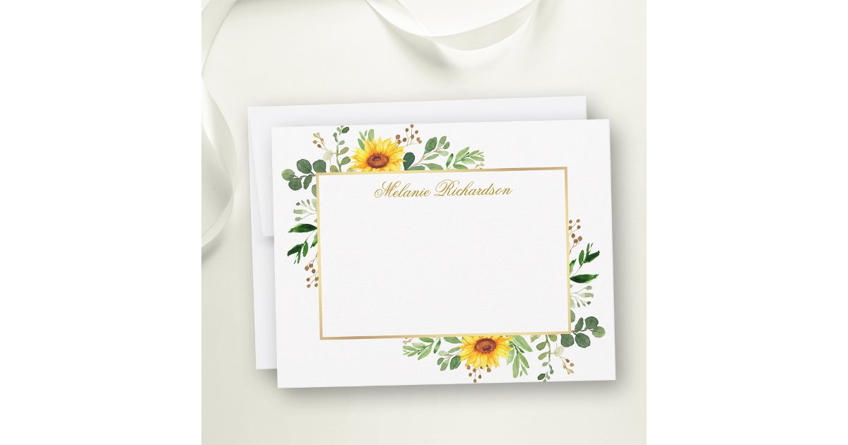 Watercolor Greenery Sunflowers Gold Personalized Note Card | Zazzle