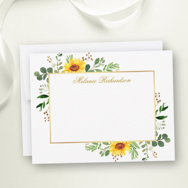 Watercolor Greenery Sunflowers Gold Personalized Note Card (Customize to change text size, color, style or to add more text to front or back of card.)