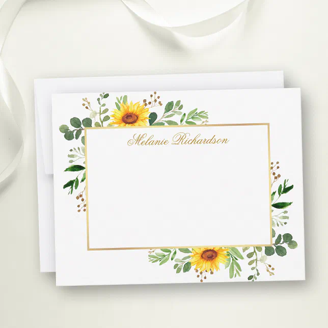 Watercolor Greenery Sunflowers Gold Personalized Note Card | Zazzle