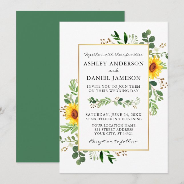 Watercolor Greenery Sunflowers Gold Wedding Invitation (Front/Back)