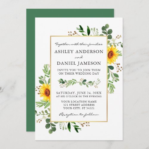 Watercolor Greenery Sunflowers Gold Wedding Invitation