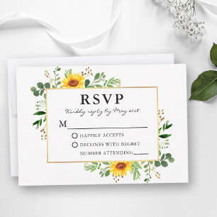 Watercolor Greenery Sunflowers Gold Wedding RSVP Card