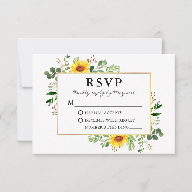 Watercolor Greenery Sunflowers Gold Wedding RSVP Card (Front)