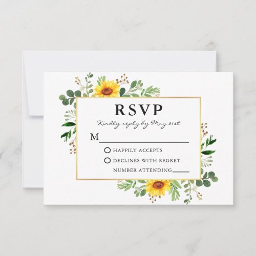 Watercolor Greenery Sunflowers Gold Wedding RSVP Card