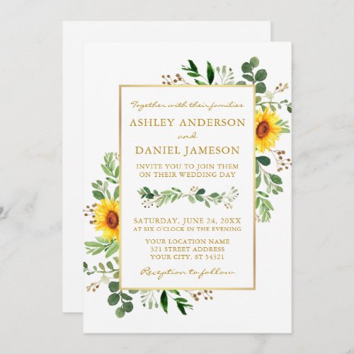 Watercolor Greenery Sunflowers Photo Gold Wedding Invitation