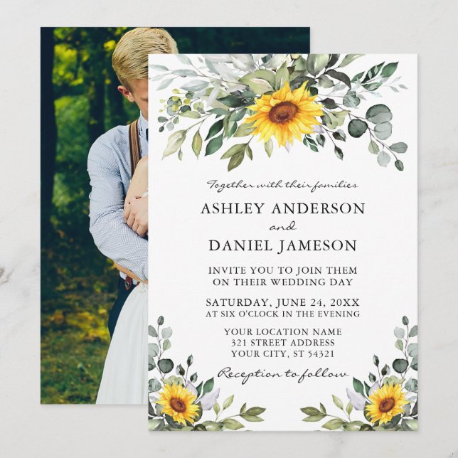 Watercolor Greenery Sunflowers Photo Wedding Invitation (Front/Back)