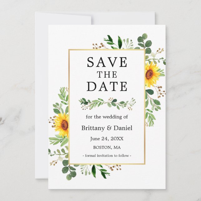 Watercolor Greenery Sunflowers Save The Date Card (Front)
