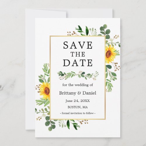 Watercolor Greenery Sunflowers Save The Date Card