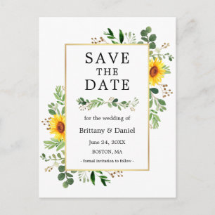 Watercolor Greenery Sunflowers Save The Date Postcard