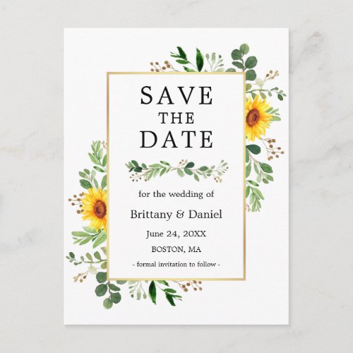 Watercolor Greenery Sunflowers Save The Date Postcard