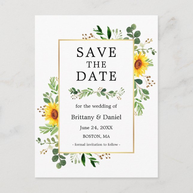Watercolor Greenery Sunflowers Save The Date Postcard (Front)