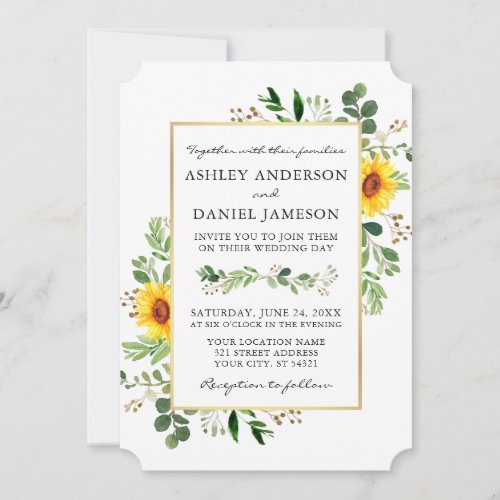 Watercolor Greenery Sunflowers Wedding Gold Invitation