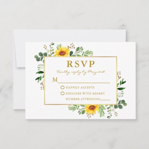 Watercolor Greenery Sunflowers Wedding Gold RSVP Card